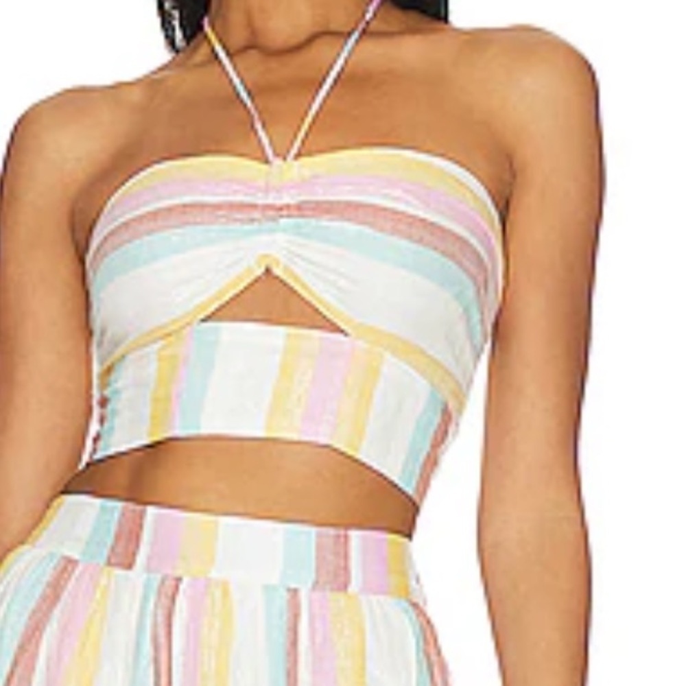 NWT! L Space Blue Skies Striped Cut Out Crop Halter Tube Top M
